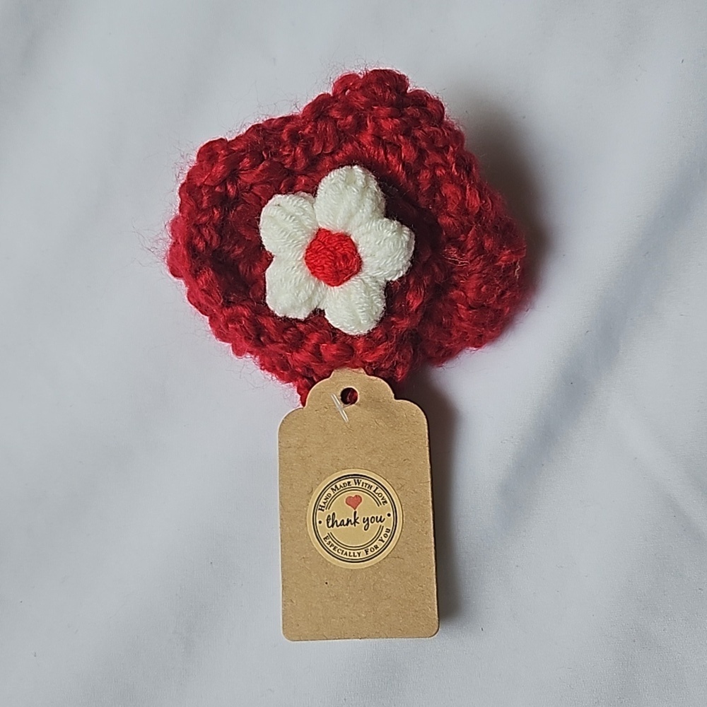 Hand Crafted Red Crochet Chunky yarn Red & white Puffy Flower barrette Hair Clip - Picture 17 of 17